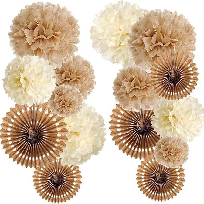 Doplnky pre svadobné prostredie - papierové kvety v guľách, papierové visacie ozdoby, bohémske lustre, stuhy