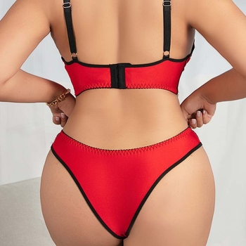 Set de sutiene cu bloc de culori roșu-negru, stil francez subțire (țesătură Milk Silk; cupă completă; bretele care se leagă; închidere la spate cu un singur rând de cârlige și ochi)