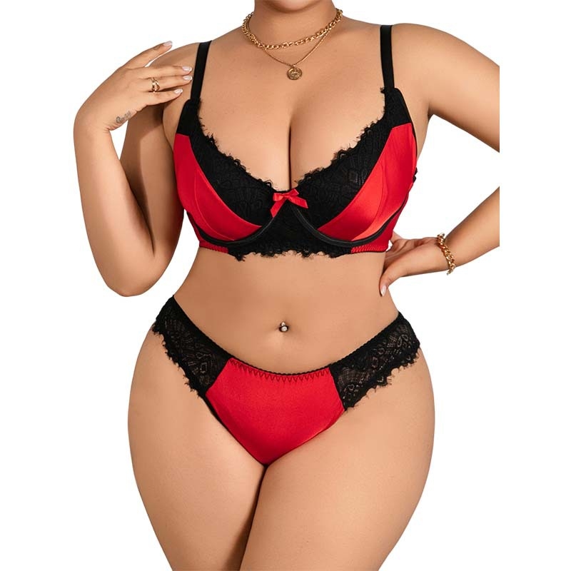 Set de sutiene cu bloc de culori roșu-negru, stil francez subțire (țesătură Milk Silk; cupă completă; bretele care se leagă; închidere la spate cu un singur rând de cârlige și ochi)