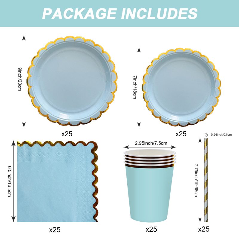 Set de veselă de petrecere din hârtie, de unică folosință: farfurii, șervete, paie și pahare; Material: hârtie; Stil: simplu și versatil; Potrivit pentru ziua de naștere; Accesorii pentru amenajarea spațiului evenimentului