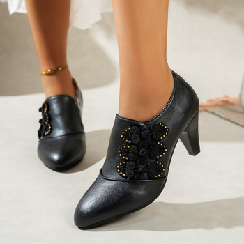 Bankett magasarkú cipő, vintage stílusú, kerek orrú, középmagas sarok 3–6 cm, PU felsőrész, oldalsó cipzár