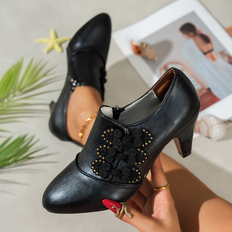 Bankett magasarkú cipő, vintage stílusú, kerek orrú, középmagas sarok 3–6 cm, PU felsőrész, oldalsó cipzár