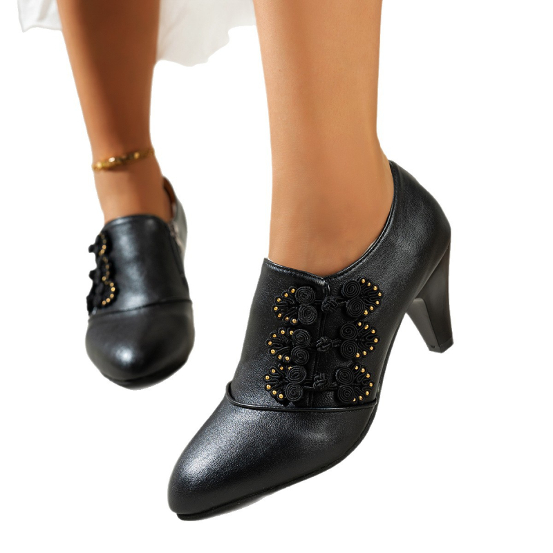 Bankett magasarkú cipő, vintage stílusú, kerek orrú, középmagas sarok 3–6 cm, PU felsőrész, oldalsó cipzár