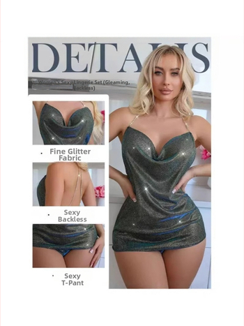 Dviejų dalių apatinio trikotažo komplektas su atvira nugara, deimantų grandine ir kryžminiais dirželiais, V-kaklo iškirptė, be rankovių