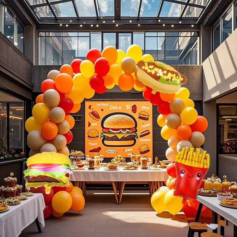Μπαλόνια θεματικά με τηγανητές πατάτες, μπέργκερ και χοτ ντογκ για διακόσμηση πάρτι – μπαλόνια από αλουμινόφυλλο, στρογγυλά διακοσμητικά μπαλόνια, χωρίς λογότυπο