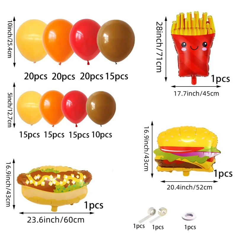 Μπαλόνια θεματικά με τηγανητές πατάτες, μπέργκερ και χοτ ντογκ για διακόσμηση πάρτι – μπαλόνια από αλουμινόφυλλο, στρογγυλά διακοσμητικά μπαλόνια, χωρίς λογότυπο