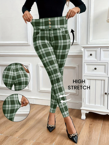 Milk Silk Knit Παντελόνια με Ψηλή Μέση, Σφιχτό Σχήμα, Καρό Εκτύπωση, Διακοσμητικά Κουμπιά