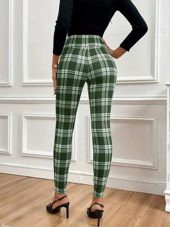 Milk Silk Knit Παντελόνια με Ψηλή Μέση, Σφιχτό Σχήμα, Καρό Εκτύπωση, Διακοσμητικά Κουμπιά