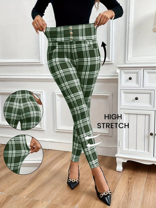 Milk Silk Knit Παντελόνια με Ψηλή Μέση, Σφιχτό Σχήμα, Καρό Εκτύπωση, Διακοσμητικά Κουμπιά