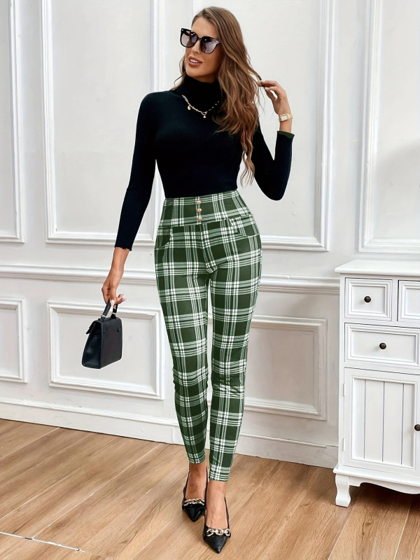 Milk Silk Knit Παντελόνια με Ψηλή Μέση, Σφιχτό Σχήμα, Καρό Εκτύπωση, Διακοσμητικά Κουμπιά