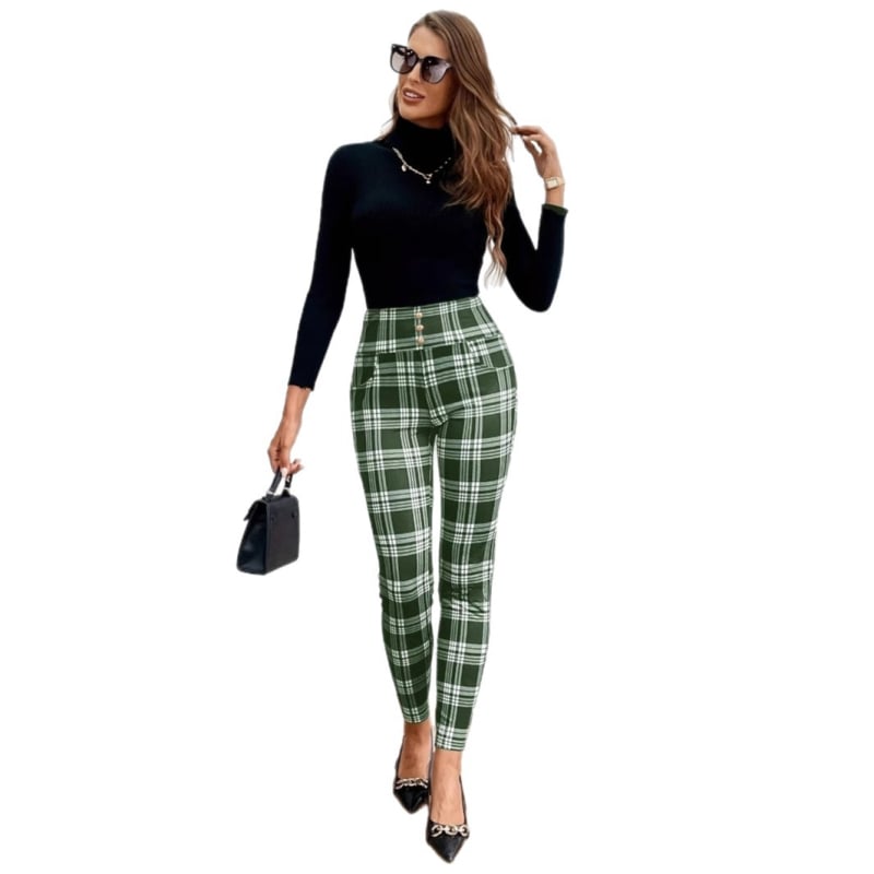 Milk Silk Knit Παντελόνια με Ψηλή Μέση, Σφιχτό Σχήμα, Καρό Εκτύπωση, Διακοσμητικά Κουμπιά