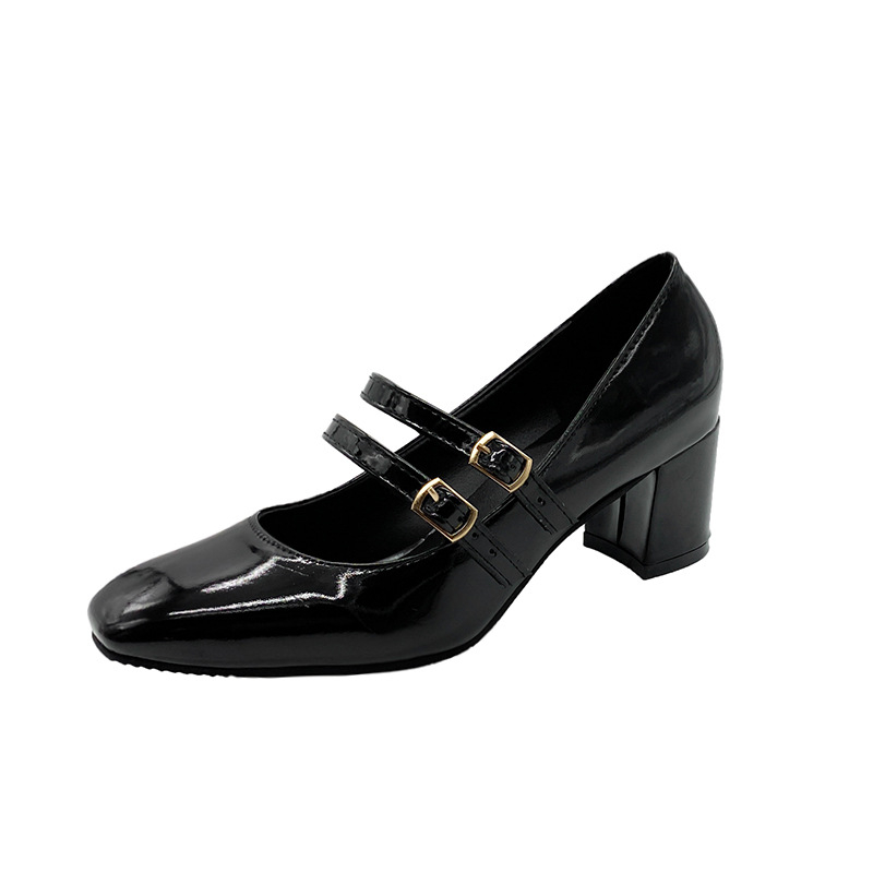 Női koreai stílusú magas sarkú cipő, négyzetes orrú, csatos pánttal, PU felsőrész, gumi talp, 6-8 cm-es sarok
