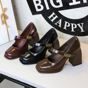 Ünnepi cipő, vintage stílus, PU felsőrész, négyszögletes orr, vastag sarka 6-8 cm