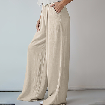 Ženske hlače širokih nogavica od laneno-mješavine, visokim strukom, elegantan gradski stil, blaga rastezljivost