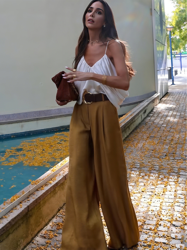 Ženske casual hlače s širokim krojem, duge, poliester 95%+, zatvarač, gradski stil, ljeto 2025