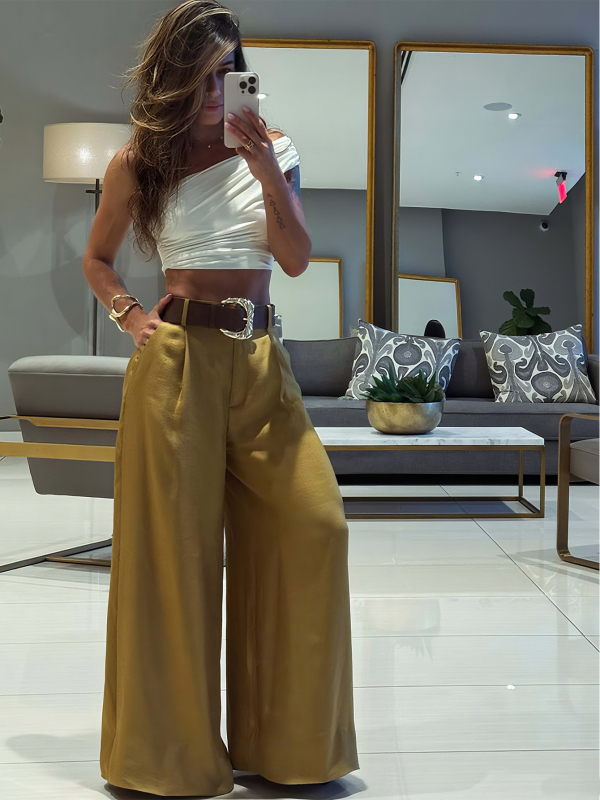 Ženske casual hlače s širokim krojem, duge, poliester 95%+, zatvarač, gradski stil, ljeto 2025