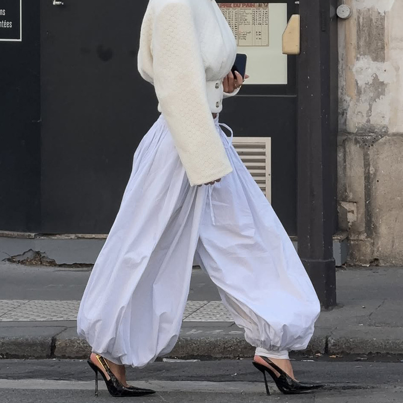 Ženske hlače širokog kroja, visoki struk, dugačke, poliester i elastan, elegantan stil