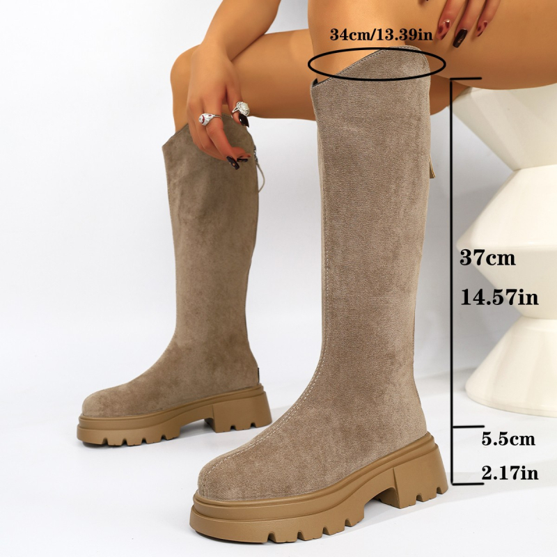 Женски ездачески ботуши с високи голенища, кръгъл нос, среден ток 3-5 см, цип