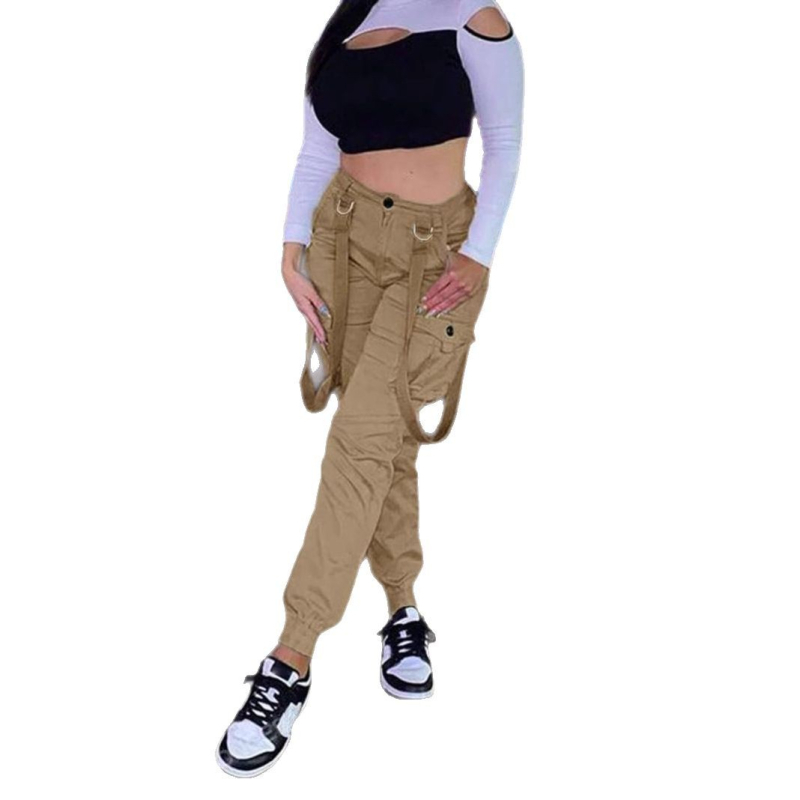 Ženske radne hlače od poliestera, uski kroj, srednji pojas, više džepova, hlače s uskim nogavicama, street hipster stil