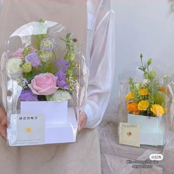 Prenosná priehľadná PVC krabička na kvety, skladacia; biela kartónová konštrukcia; obchodný štýl; darčekové balenie; Henglong; Zhejiang