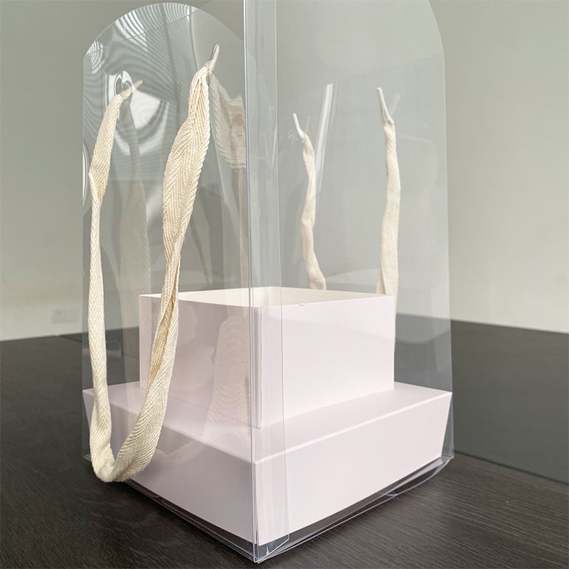 Prenosná priehľadná PVC krabička na kvety, skladacia; biela kartónová konštrukcia; obchodný štýl; darčekové balenie; Henglong; Zhejiang