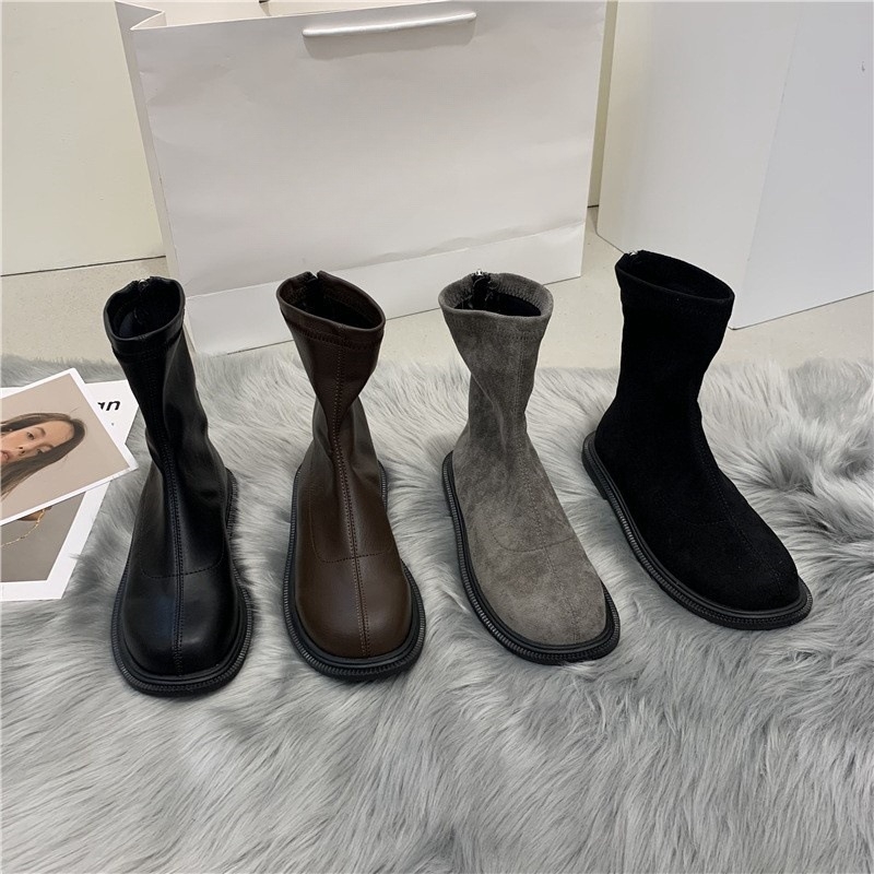 Cizme pentru femei în stil koreean, din microfibră, vârf rotund, toc mediu 3-5 cm, închidere cu fermoar la spate