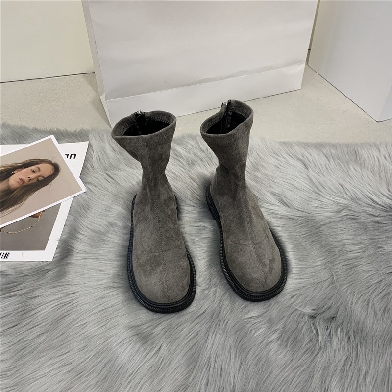 Cizme pentru femei în stil koreean, din microfibră, vârf rotund, toc mediu 3-5 cm, închidere cu fermoar la spate