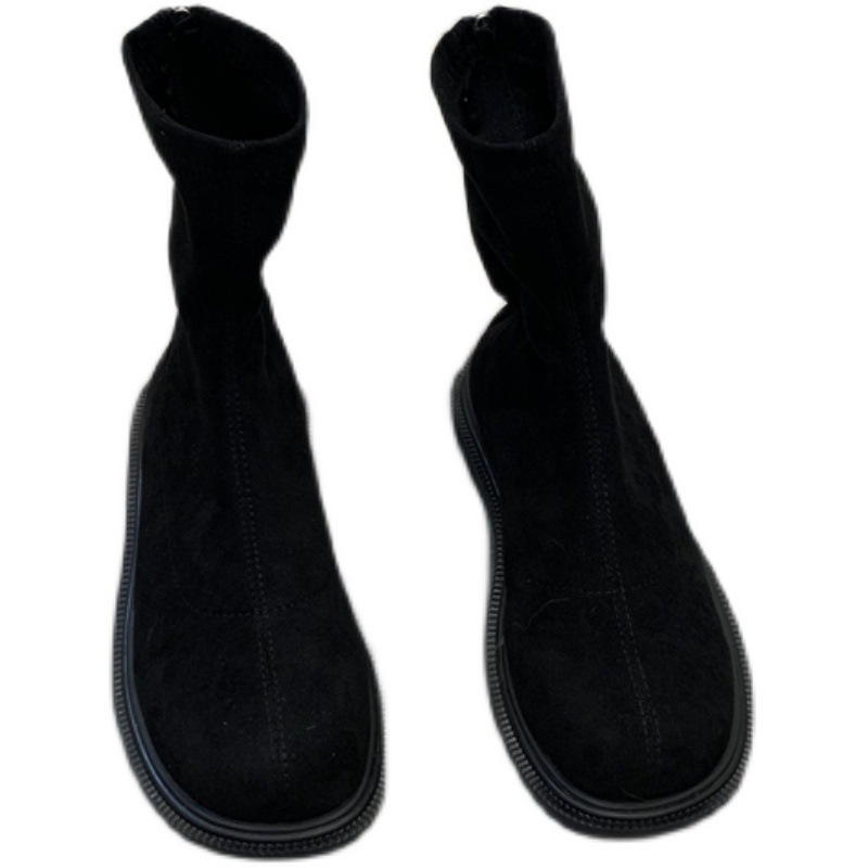 Cizme pentru femei în stil koreean, din microfibră, vârf rotund, toc mediu 3-5 cm, închidere cu fermoar la spate