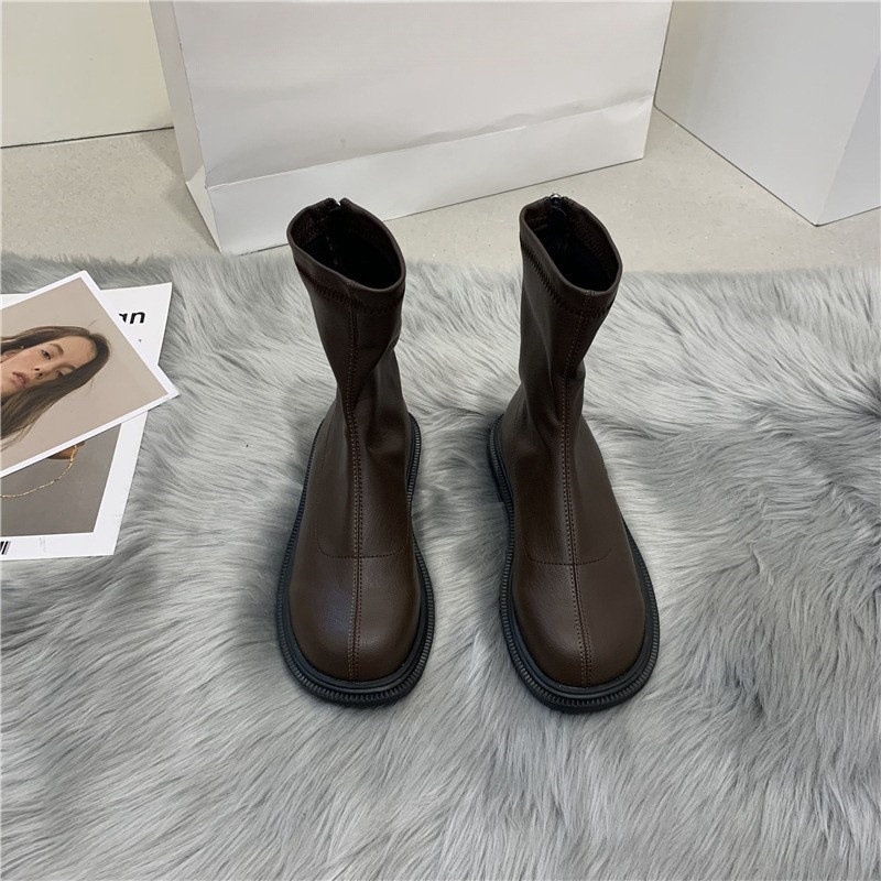 Cizme pentru femei în stil koreean, din microfibră, vârf rotund, toc mediu 3-5 cm, închidere cu fermoar la spate