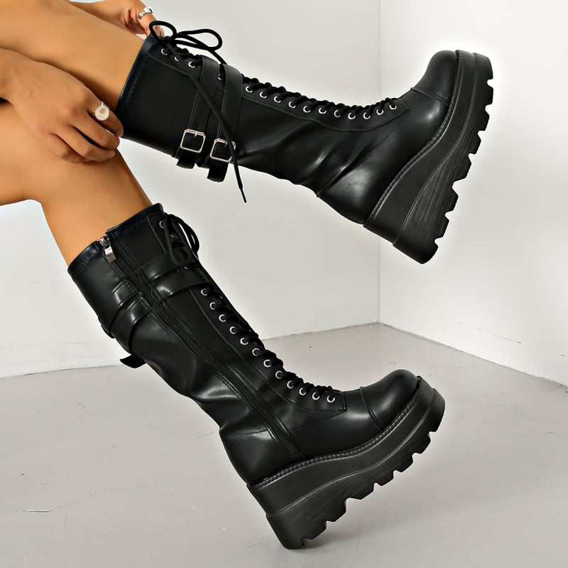 Botosei unisex din PU pentru motociclete, platformă cu curea din piele, fermoar lateral, gleznă înaltă, talpă platformă