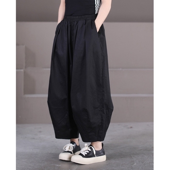 Lantern stílusú nadrág elasztikus derékkal, pamut-poliészter keverék, dupla zseb, gumis mandzsettás szár, irodalmi-retro stílus, női mindennapi nadrág