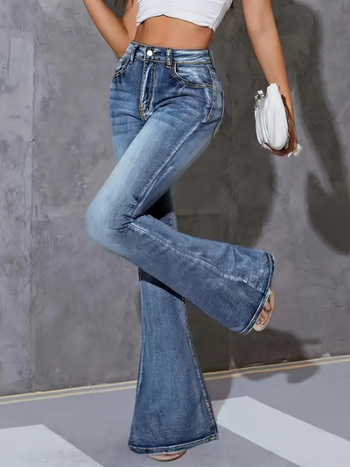 Női magas derekú, elasztikus farmernadrág — mikro harang, hosszú, pamut-poliészter