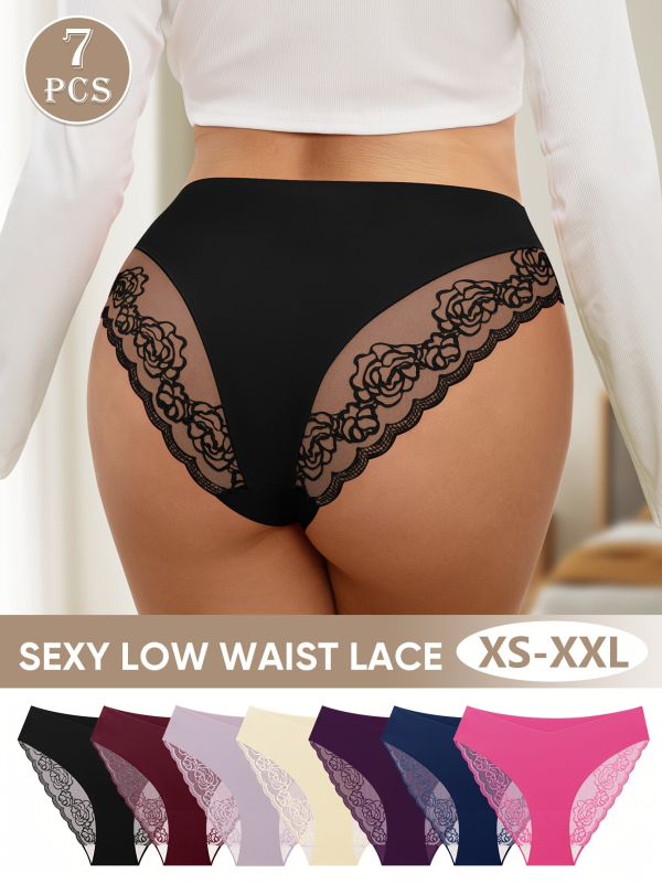 Chiloți damă din dantelă, model floral, material Nylon+Spandex, talie medie, căptușeală din bumbac