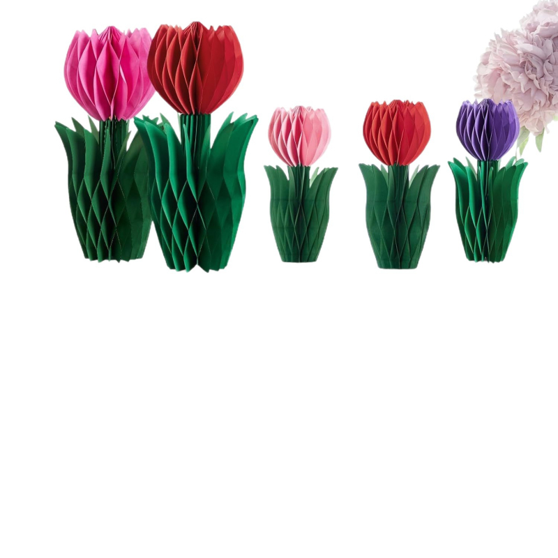 Papierové ozdoby v tvare tulipánu, visací medový plást, moderný minimalistický papierový dekor pre Deň matiek a Medzinárodný deň žien