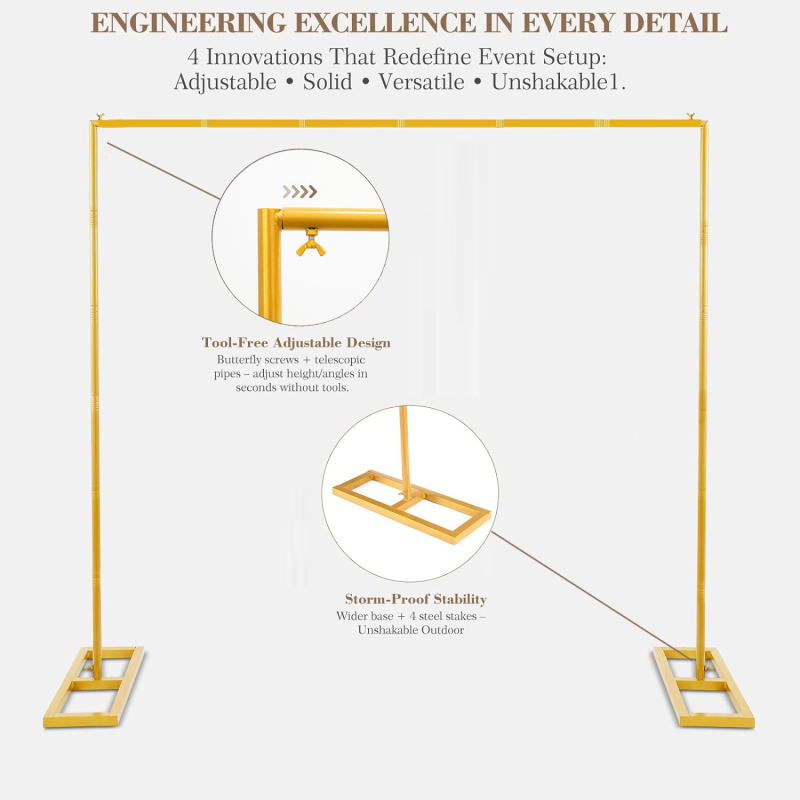 Kovová svadobná oblúková konštrukcia so štvorcovou základňou, nastaviteľný oblúk na balóniky, kartónové balenie, možnosť prispôsobenia