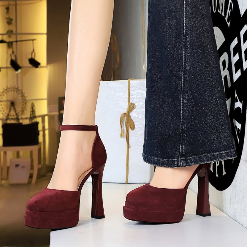 Egysávos velúr szandál, kerek orr, platform, vékony sarkú 6-8 cm, koreai stílus