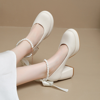 Női Mary Jane cipők, kerek orr, PU felsőrész, tömör sarok 6–8 cm, csattos zárás