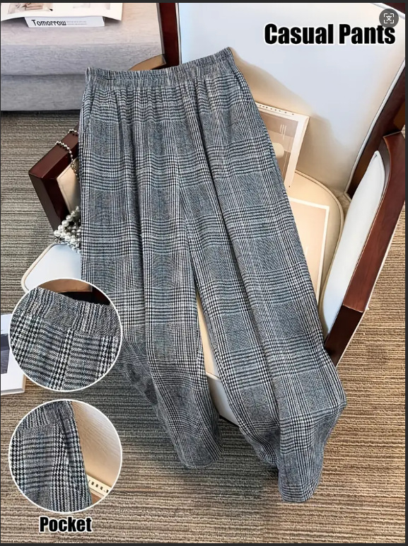 Dámske nohavice s kockovaným vzorom z polyesteru, voľný strih, dlhé nohavice, elastický pás, elegantný každodenný štýl