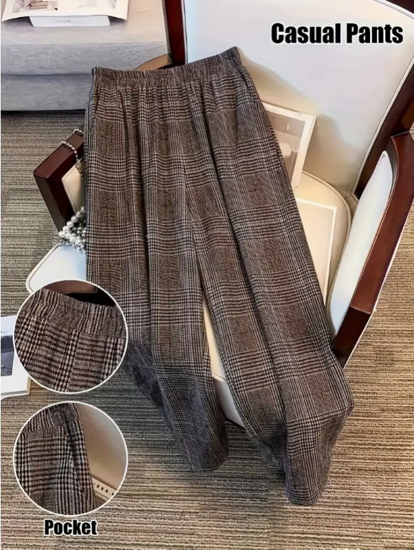Dámske nohavice s kockovaným vzorom z polyesteru, voľný strih, dlhé nohavice, elastický pás, elegantný každodenný štýl
