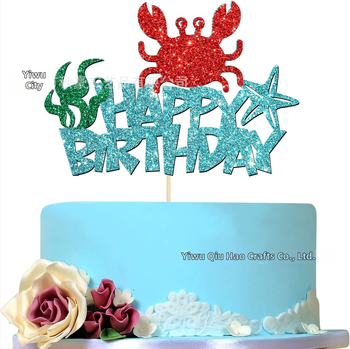 Krabí ozdoby na muffiny pre morské párty — svetlo modré vlajočky na drevených paličkách, papierové vlajočky, strojovo tlačené, bez loga