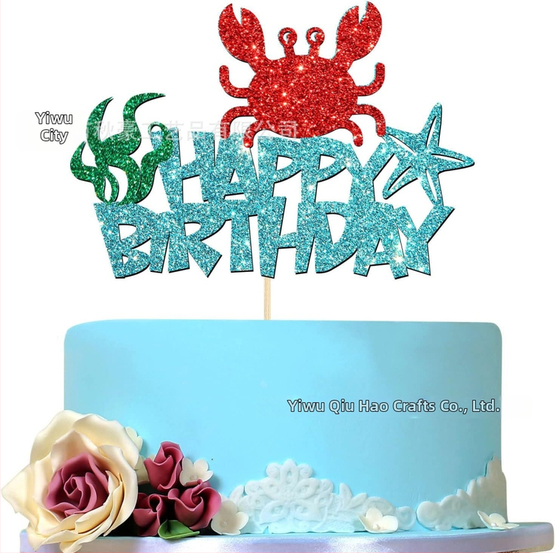 Krabi kookide dekoratsioonid mereloomade peoks — taevasinised lipukesed puidust pulkadel, paberlipukesed, masinaprindimine, ilma logota