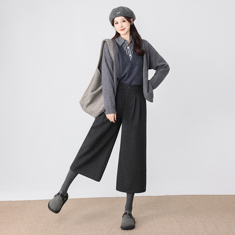 Ženske široke hlače s visokim strukom, duljina 9/10, poliester, japansko-korejski casual retro stil