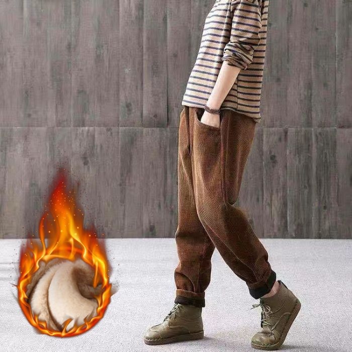 Ženske corduroy harém hlače – široki kroj, visok pas, duge, casual stil