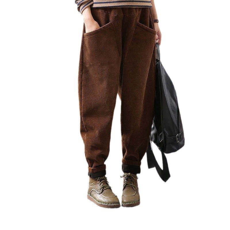 Ženske corduroy harém hlače – široki kroj, visok pas, duge, casual stil