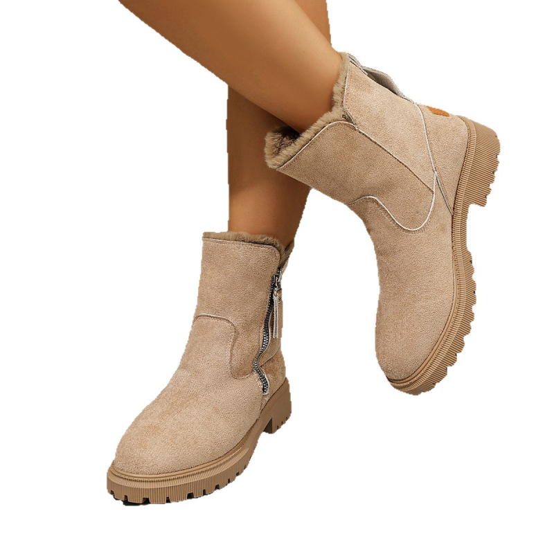 Ženske zimske čizme za snijeg 2025 – nubuk gornji dio, visok shaft, kvadratna petа, zaobljen vrh, podstava od umjetnog krzna