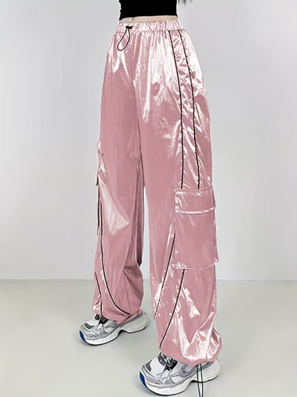 Γυναικεία παντελόνια σε φαρδιά γραμμή από πολυεστέρα με σπάντεξ, 95%+ πολυεστέρας, ελαστική μέση, ανακλαστικός σχεδιασμός, σε στυλ εργασίας με τσέπες