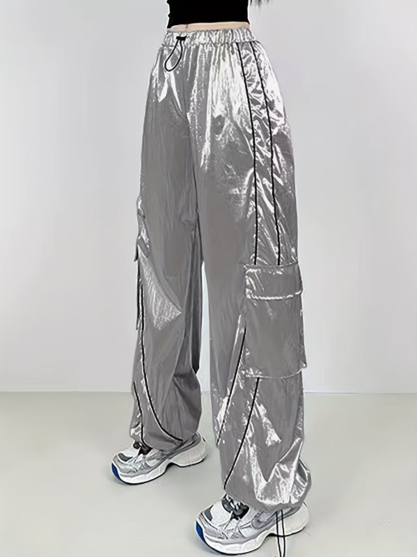 Γυναικεία παντελόνια σε φαρδιά γραμμή από πολυεστέρα με σπάντεξ, 95%+ πολυεστέρας, ελαστική μέση, ανακλαστικός σχεδιασμός, σε στυλ εργασίας με τσέπες