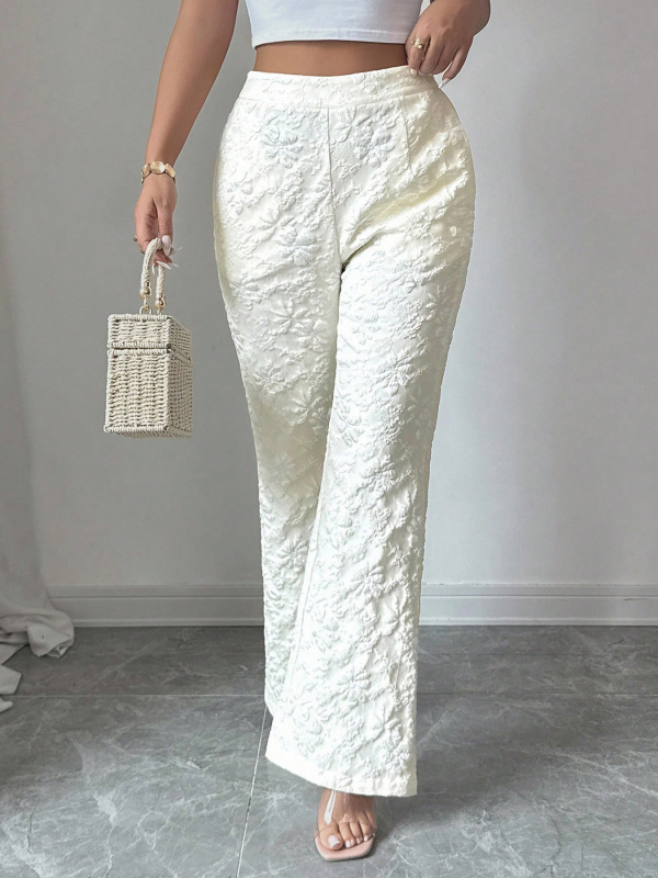 Ženske široke hlače, duge, jacquard s 3D cvjetnom izvezenom, srednji struk, casual, poliester