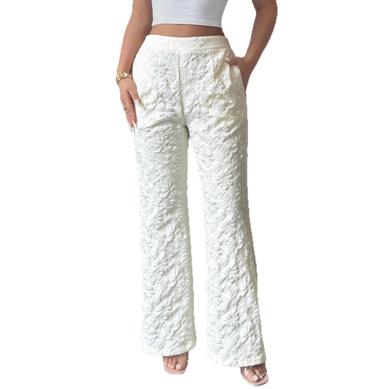 Ženske široke hlače, duge, jacquard s 3D cvjetnom izvezenom, srednji struk, casual, poliester