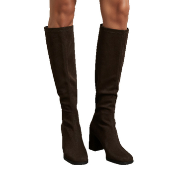 Cizme pentru călărie - Tibie înaltă, Vârf pătrat, Toc gros mediu, Exterior velur, Fermoar pe spate